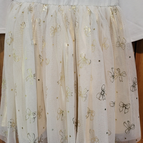 White and Gold Long Sleeve Dress with Bow Design - Picture 2 of 5